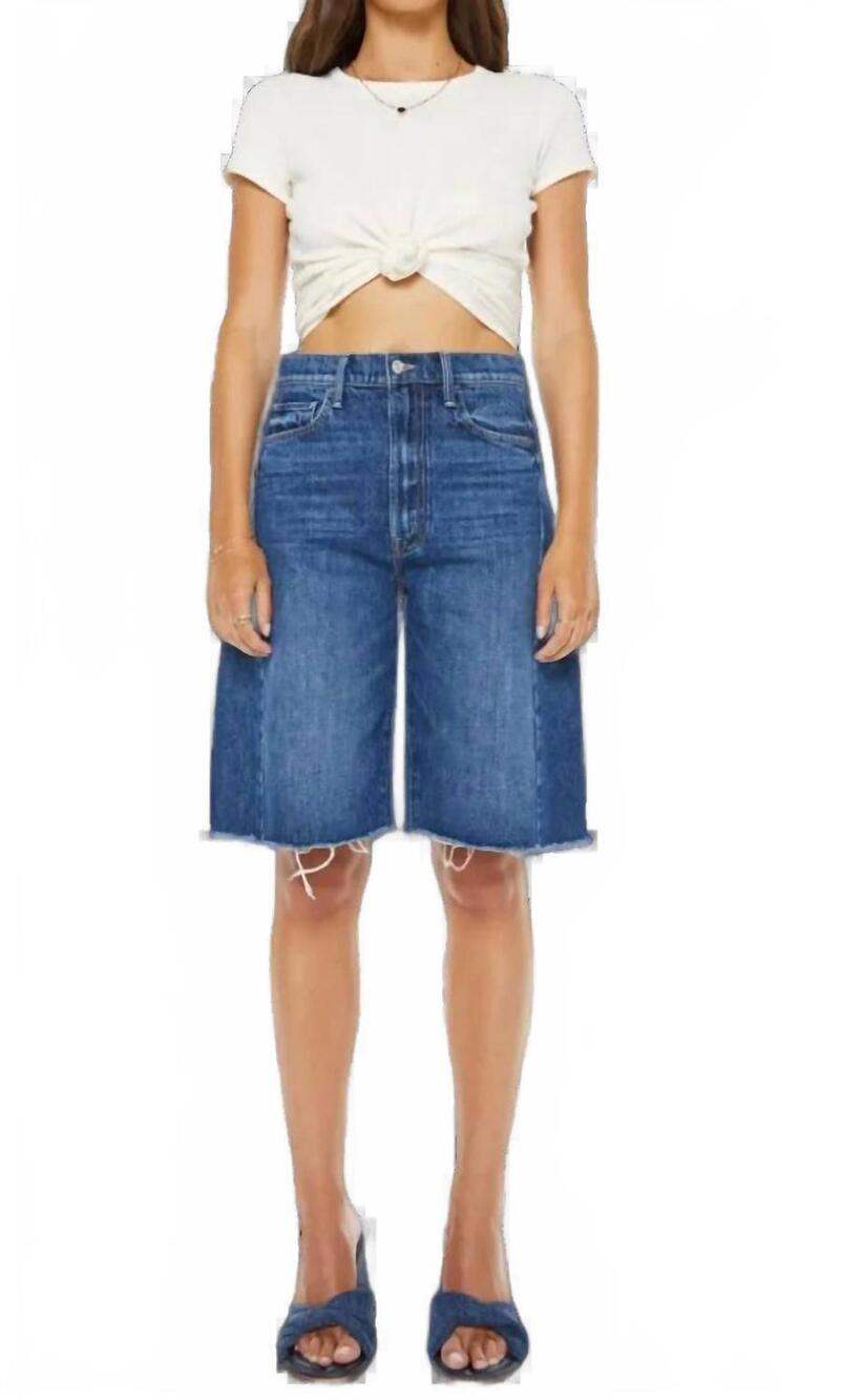 NEW MOTHER the half pipe bermuda fray denim short in blue